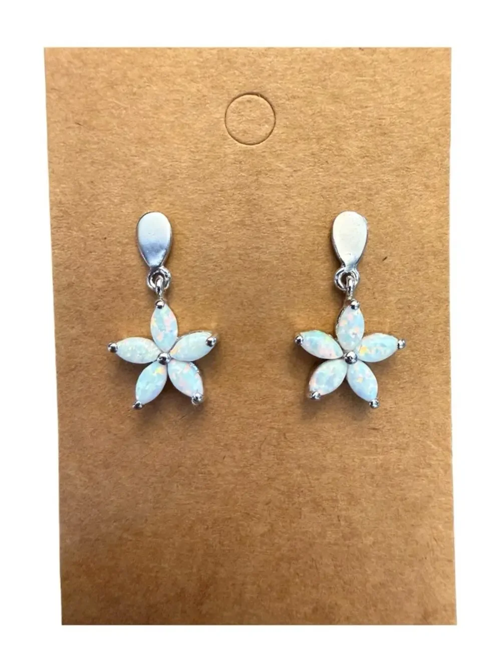Sterling Silver Lab Opal Flower Dangle Earrings 925 White Opal Floral Gift